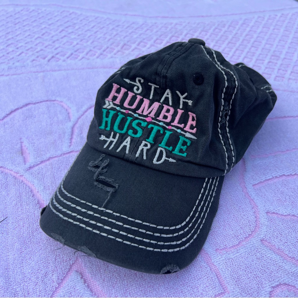 Stay Humble Hustle Hard Black Distressed Vintage Style Baseball Hat